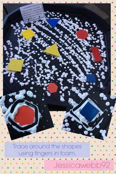 a black tray with white and red shapes on it that says race around the shapes using fingers in foam