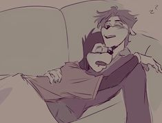 a drawing of two people laying down on a couch with their arms around each other