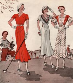 three women in dresses are standing on the golf course and one is holding a club