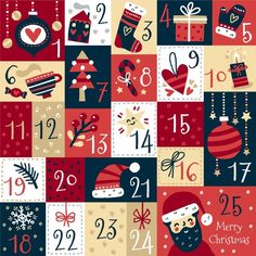 a christmas themed calendar with santa claus and other holiday related items in red, white and blue