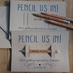 two wedding cards with pencils on them