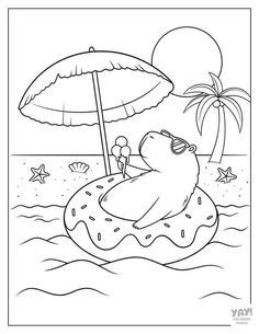 a cartoon bear floating on an inflatable floater at the beach coloring page