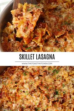 skillet lasagna in a pan with the title text overlaying it