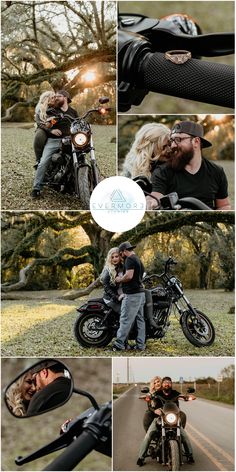 a man and woman riding on the back of a motorcycle next to each other in front of trees