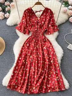 Fashion Floral Print Romantic Women Dress Slim Elastic Dress 2022, Romantic Woman, Floral Print Dress Long, Cute Dress Outfits, Long Red Dress, Dress Slim, Floral Dresses Long, Simple Trendy Outfits, Romper With Skirt