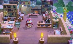 an animal crossing game is shown in the middle of a room with bookshelves and tables