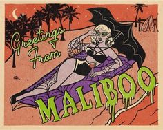 an advertisement for mallbog's greetings from miami featuring a woman laying on the beach