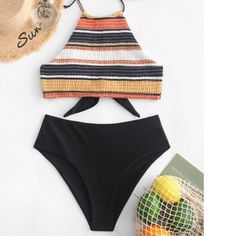 Smocked Halter Top. High-Waisted Bikini. Never Worn. Removable Foam Cups. Casual Black Tankini For Sunbathing, Casual Black Halter Neck Tankini, Billabong Swimwear, Sporty Swimwear, Black Monokini, Calvin Klein Swimwear, Retro Swimwear, Swimwear High Waisted, Tankini Swimsuit