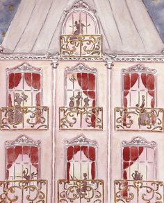 a painting of a pink house with red curtains and gold trimmings on the windows