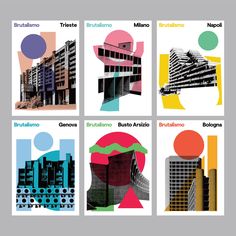 four different posters with buildings and circles on them, each showing different colors in the same image