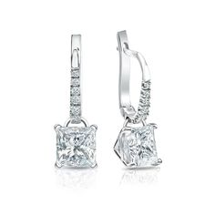 These beautiful diamond earrings come set in platinum metal dangle studs 4-prong martini setting and breathtaking princess-cut natural diamonds with 2.00 ct. total weight for center stone and 0.10 ct. total weight of small dazzling round diamonds as side stone, together takes 2.10 ct. total weight, available with lever back clasps. Princess Diamond Earrings, Princess Cut Diamond Earrings, Princess Cut Earrings, Black Diamond Pendant, Beautiful Diamond Earrings, Black Diamond Studs, Halo Diamond Earrings, White Gold Diamond Earrings, Earrings White Gold