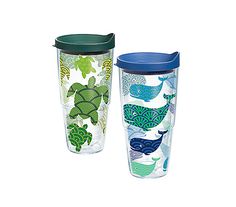 two tumblers with different designs on them, one is green and the other is blue