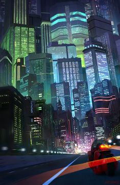 an animated cityscape with cars driving through the streets and skyscrapers lit up at night