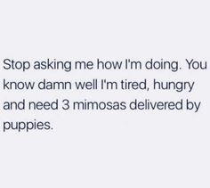 the text reads, stop asking me how i'm doing you know damn well i'm tired hungry and need 3 minosa delivered by puppies