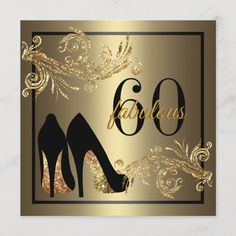 a gold and black 60th birthday card with high heel shoes