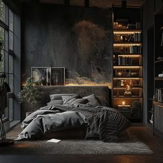 Interior Design Modern Industrial Glam Bedroom, Dark Bedroom Office, Dark Theme Modern Bedroom, Black Bedroom With Black Ceiling, Mens Interior Design Bedroom, Mens Rustic Bedroom Ideas, Modern Dark Wood Bedroom, Dark Modern Industrial, Dark Theme House