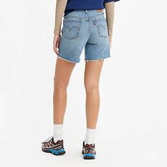 501® Mid Thigh Women's Shorts - Medium Wash | Levi's® US Levi's Relaxed Fit Jean Shorts With Frayed Hem, Levi's Relaxed Fit Cutoff Shorts, Mid Thigh Shorts, Women's Shorts, Jean Shorts, Levi's, Vintage Inspired, The First, High Rise