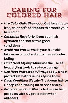 Keep your dyed hair vibrant and healthy with these essential tips! Maintain your hair's color and shine with the right care routine and products. #ColoredHairCare #DyedHairTips #VibrantHair #HealthyHair #HairCareRoutine #HairColorMaintenance #BeautyTips #HairInspo #PinterestBeauty #HairGoals #HairCareSecrets #SelfCare #haircareroutine #haircare #healthyhabits #health #selflove Cosmetology Notes, Dyed Hair Care, Caring For Colored Hair, Color Safe Shampoo, Dyed Natural Hair, Deep Conditioning, Deep Conditioner, Colored Hair