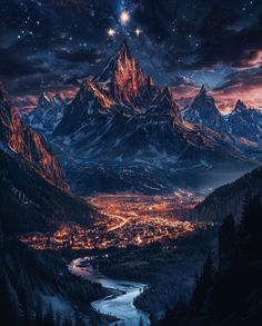 the night sky over a mountain range with a river running through it and stars in the sky