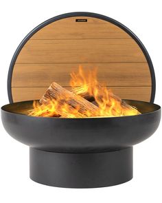 an outdoor fire pit with flames and logs in the center, on a white background