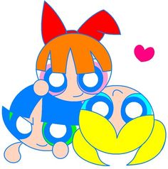 two cartoon characters hugging each other with hearts in the background and one has red hair