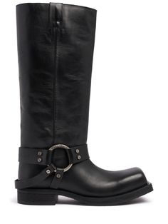 40mm Heel. Leather upper. Pull on. Side pull tabs. Metal ring detail. Leather lining and insole. Rubber sole Tall Leather Boots, Black Boots Tall, Versace Brand, Ski Accessories, Mule Sandals, Loafer Mules, Tall Boots, Heeled Loafers, Swim Accessories