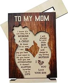 a wooden card with the words to my mom on it and a silhouette of a woman