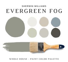 a paintbrush with different shades of gray and white on it, including the words evergreen fog