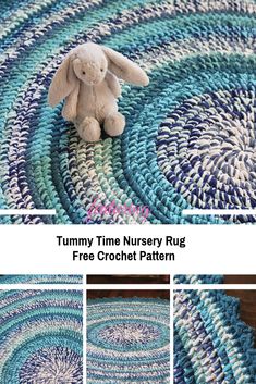 a crocheted rug with a stuffed animal on it and the words tummy time nursery rug free crochet pattern