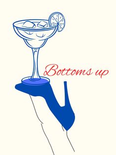 a drawing of a martini glass with a slice of lemon in it and the words bottoms up above it