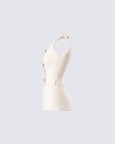 Branca Ivory Scoop Neck Vest – FINESSE Chic Beige Office Vest, Chic Tailored Vest With Buttons, Tailored Chic Vest With Buttons, Chic Tailored Beige Vest, Elegant Beige Vest With Button Closure, Chic White Vest With Button Closure, Elegant Tops With Gold Buttons, Fitted Tops With Gold Buttons For Workwear, Cream Sleeveless Vest For Work