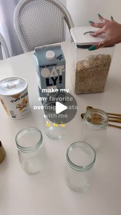 the ingredients for making oatmeal are displayed on a table