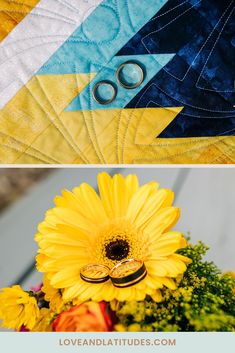 two pictures with yellow flowers and rings on them