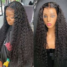 an image of a wig with long curly hair on display in front of a mannequin's head