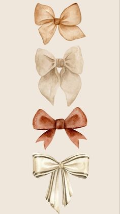 four bows are shown in different colors and sizes, each with one ribbon tied to the side