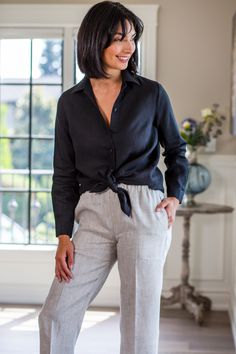 One of our best sellers! Our classic 100% linen shirt is washed for a relaxed and comfortable look and feel. Wear this great versatile blouse buttoned or open as a layering piece over a camisole or one of our linen tanks. It's a "Million Miler" that will be a staple piece in your closet all year long. Machine wash and hang to dry. Iron if desired. Generous fit Linen Tank, Staple Pieces, Black Media, Layering Pieces, Rose Pink, Linen Shirt, Black Shirt, Best Sellers, New Color