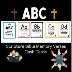 the bible memory verse flash cards are shown in three different colors and font, along with an image of children reading