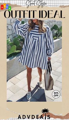 Red Stripe Long Sleeve Loose Mini Dress Dress And Sneakers Outfit, Elegantes Outfit Damen, Linen Style Fashion, Loose Mini Dress, Stripe Long Sleeve, Dresses By Length, Elegantes Outfit, Maxi Dresses Casual, Red Stripe