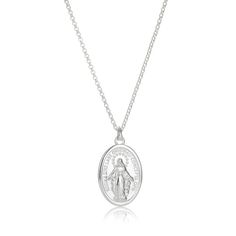 I promise to watch over you, now and forever. The sterling silver Miraculous Mary Medal Necklace showcases the Mother Mary beautifully etched on the pendant. A constant reminder that the one you love is always protected and loved by those around her. A perfect girl's First Communion gift or a precious baptism gift, this girl's Miraculous Mary Medal necklace is set on an adjustable chain to fit most ages and sizes and can be worn throughout her life.  Arrives with luxury gift wrap for you to deli Silver Charm Necklaces For Memorial, Spiritual Silver Necklace With Engraving Option, Spiritual Sterling Silver Necklace With Miraculous Medal, Silver Sterling Silver Charm Necklace With Oval Pendant, Silver Sterling Oval Charm Necklaces, Silver Sterling Silver Oval Pendant Charm Necklaces, Silver Oval Sterling Silver Charm Necklace, Silver Oval Pendant Charm Necklace In Sterling Silver, Oval Silver Sterling Silver Charm Necklaces