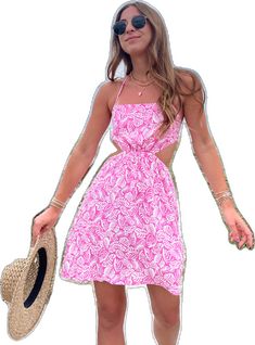 Tropical Vacation Dress With Tie Back, Tropical Tie-back Dress For Vacation, Tropical Tie Back Dress For Vacation, Casual Mini Halter Dress For Beach Season, Casual Mini Length Halter Dress For Beach Season, Pink Backless Halter Dress For Summer, Summer Pink Backless Halter Dress, Backless Pink Sundress For Beach Season, Spring Sundress Halter Dress For Beach Party