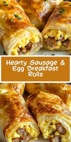 hearty sausage and egg breakfast rolls on a plate with text overlay that reads hearty sausage and egg breakfast rolls