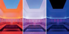 three different colored images of a room with blue, orange and pink lighting on the ceiling