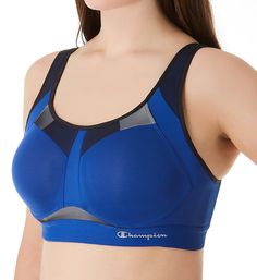 Get more control from all sides with the specially designed cups that are crafted to give unique support to upper, side and underside of breasts, and provide more ventilation. Made of polyester, nylon and spandex. Contour/t-shirt cup with hidden underwire has multiple lightly padded zones and channels on interior padding to help keep motion in check and allow for better airflow. Scoop neckline has mesh panel above cups and a covered elastic edge to sustain fit. Wide sewn-on elastic band along bo Blue Nylon Sports Bra With Built-in Padding, Supportive Blue Sports Bra With Built-in Padding, Sporty Underwire Sports Bra With Padded Cups, Sporty Underwire Padded Sports Bra, Supportive Sports Bra With Built-in Cups, Blue Sports Bra With Medium Support For Workout, Sporty Sports Bra With Built-in Cups For Training, Full Coverage Sports Bra With Padded Cups, Sports Bra With Built-in Cups And Medium Support