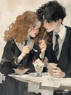 two people are sitting at a table eating ice cream sundaes and drinking milkshakes