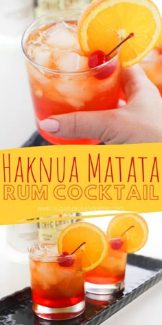 an orange cocktail in a glass with garnish on the rim and text that reads haknua matata rum cocktail