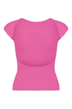 We recommend sizing down. Inspired by the blush pink exterior of the Rosas hotel in Méridia, Mexico. This shade reflects a bright, hot pink. Crafted with a soft rayon jersey fabric. This tee is opaque and can be worn braless. Embroidered "MM" on side. Complimentary gift pouch with purchase. FINAL SALE WILL NOT BE RESTOCKING MADE IN AUSTRALIA. DESTINATION:ROSAS Fabric: 94.5% Rayon, 5.5% Spandex Care: cold hand wash; lay out flat to dry Do not: machine wash; tumble dry; spin; wring; bleach Iron instructions: Steaming is highly recommended Turn the garment inside out, set the temperature to low-medium heat. Iron a small section at a time to avoid stretching. Alternatively, place a cloth over the shirt and iron over the cloth at medium heat to flatten out creases. Please view our size guide be Solid Top With Built-in Bra And Scoop Back, Sporty Pink Summer Tops, Solid Tops With Built-in Bra And Soft Stretch, Seamless Scoop Back Athleisure Top, Seamless Scoop Back Top Athleisure Style, Athleisure Seamless Top With Scoop Back, Pink Fitted Short Sleeve Top, Pink Fitted Top With Short Sleeves, Stretch Pink Tops With Built-in Bra