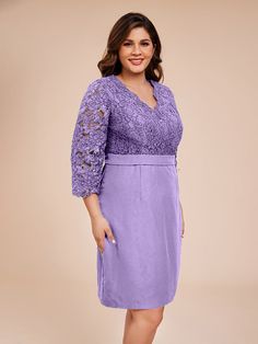 Stay elegant and refined in our Classy 3/4 Sleeves V-Neck Knee Length Lace Mother of the Bride Dress. With a flattering v-neckline, delicate lace fabric, and 3/4 length sleeves, this dress exudes sophistication. Perfect for a mother of the bride, this dress combines style and comfort for a timeless look.    Attention!     The sleeves are see-through and unlined. (Refer to the picture below) Formal V-neck Lace Dress, Spring Formal Lace Dress With V-neck, Elegant V-neck Lace Dress With Lace Sleeves, Spring Formal V-neck Lace Dress, Formal V-neck Dress With Lace Patchwork, Lace Dress With 3/4 Sleeves And Lace Trim, Lace V-neck Dress For Mother Of The Bride, Lace Midi-length Mother Of The Bride Dress, Mother Of The Bride V-neck Dress With Lace Sleeves