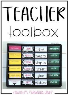 teacher's toolbox with the words, teachers toolbox and labels on it