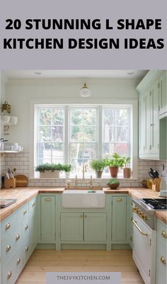 L-shaped kitchen with mint green cabinets, wooden countertops, white farmhouse sink, and large window with natural light. Design Solutions, Functional Design, Small Designs