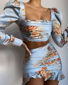 Print Casual Crop Top & Skirt Sets Skirt Set Two Piece, Crop Top Skirt Set, Top Skirt Set, Crop Top Skirt, Beauty And Fashion, Two Piece Dress, Piece Dress